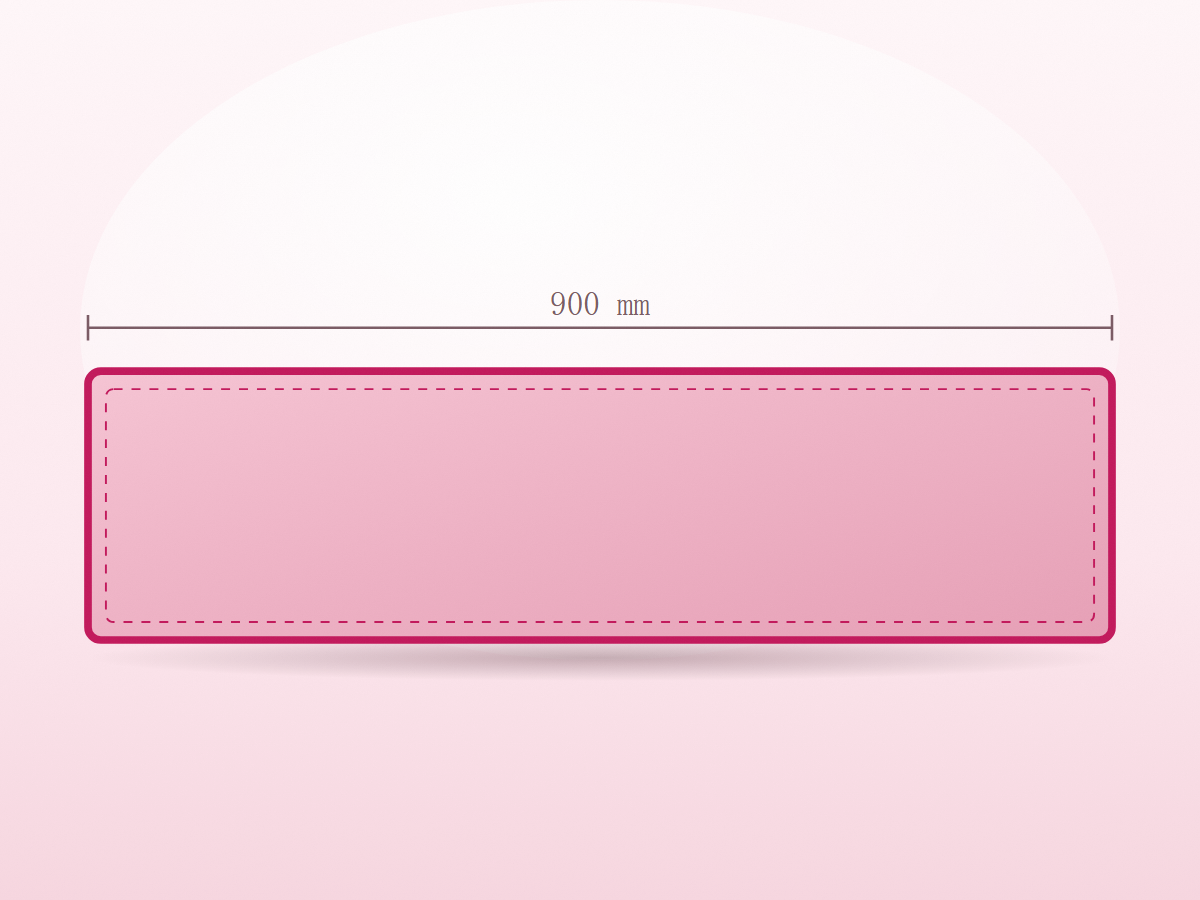 The large blush desk mat with its bound edge, dimensioned at 900 mm.